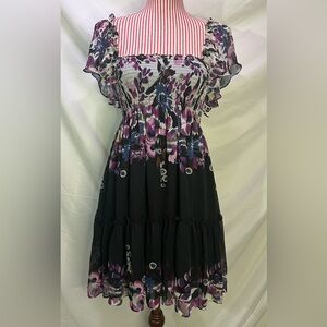 Rampage Purple Black Floral Flowy Off The Shoulder Smocked Ruffle Dress Size S/M